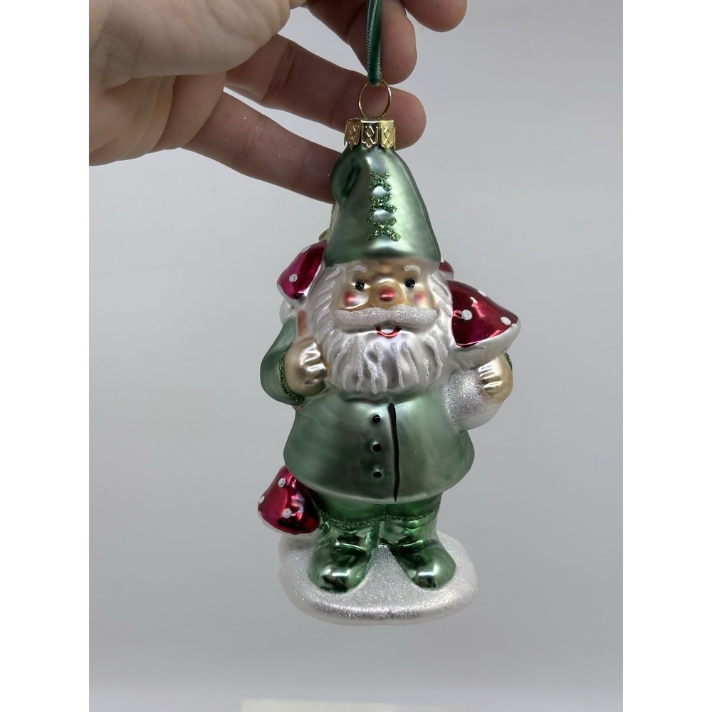 St Nicholas Square Glass Blown Gnome with Mushrooms Christmas Ornament Very Nice